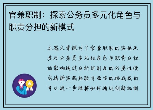 官兼职制：探索公务员多元化角色与职责分担的新模式