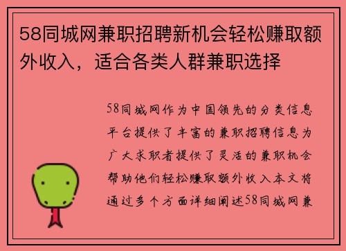 58同城网兼职招聘新机会轻松赚取额外收入，适合各类人群兼职选择