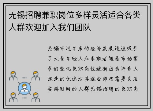 无锡招聘兼职岗位多样灵活适合各类人群欢迎加入我们团队