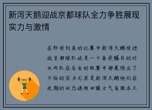 新泻天鹅迎战京都球队全力争胜展现实力与激情
