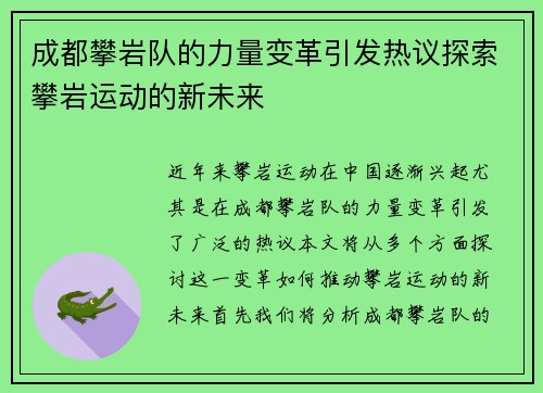 成都攀岩队的力量变革引发热议探索攀岩运动的新未来