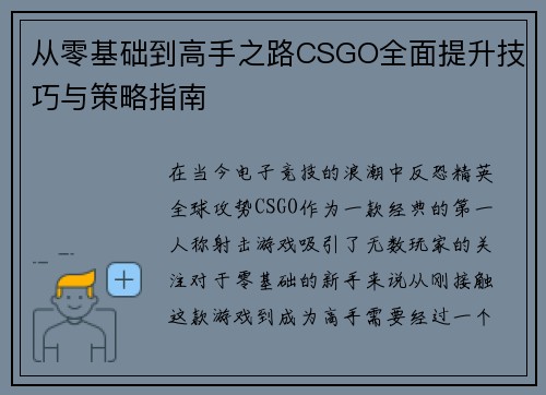从零基础到高手之路CSGO全面提升技巧与策略指南