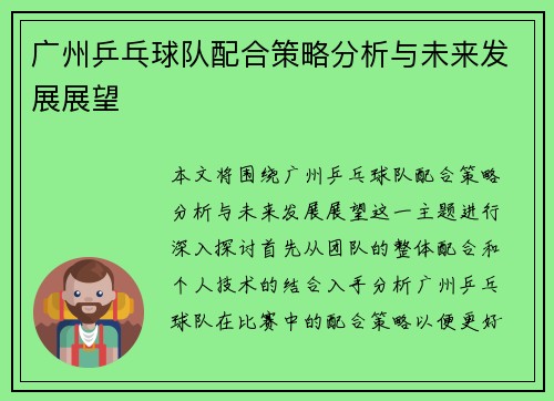 广州乒乓球队配合策略分析与未来发展展望