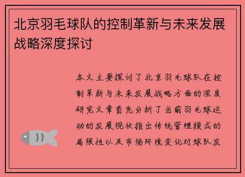 北京羽毛球队的控制革新与未来发展战略深度探讨