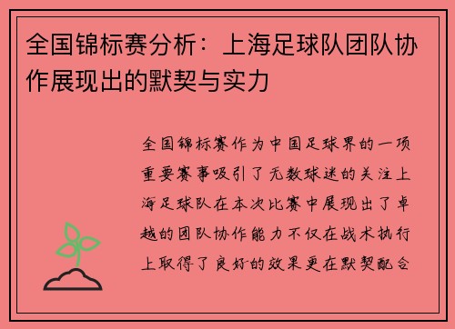 全国锦标赛分析：上海足球队团队协作展现出的默契与实力