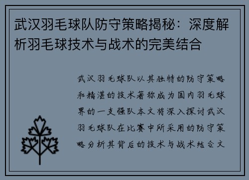 武汉羽毛球队防守策略揭秘：深度解析羽毛球技术与战术的完美结合