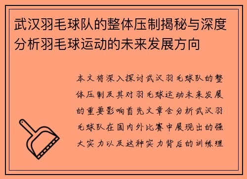 武汉羽毛球队的整体压制揭秘与深度分析羽毛球运动的未来发展方向